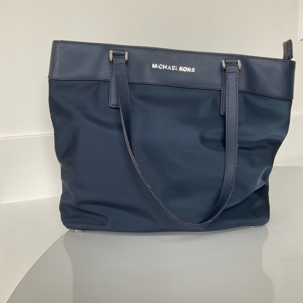 Michael Kors Blue Tote with Textured Fabric and Metal Accents